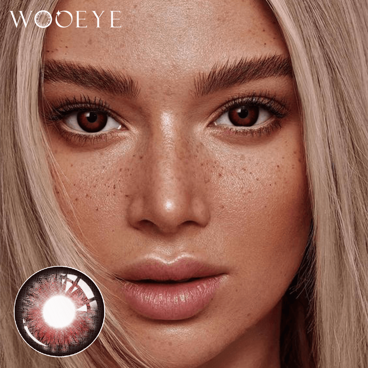 The girl's face is looking straight ahead, the upper left is the Wooeye logo, and the lower left is a close-up of the aurora red contact lens