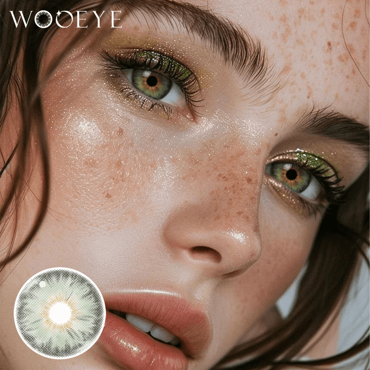 The girl's face is looking straight ahead, the upper left is the Wooeye logo, and the lower left is a close-up of the Mermaid Green contact lens