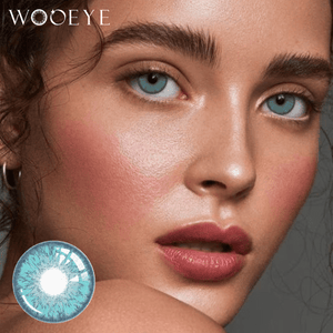 The girl's face is looking straight ahead, the upper left is the Wooeye logo, and the lower left is a close-up of the new-york blue contact lens
