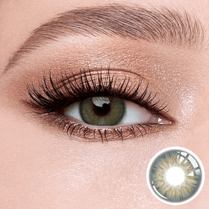 Wooeye Dancer Deep Green Contact Lenses contact lenses on the eyes, close-up of the product on the lower right