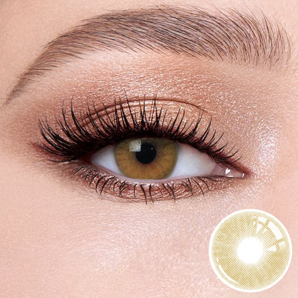 The effect of wearing Mulberry Green Contact Lenses, with a close-up of the product in the lower right corner