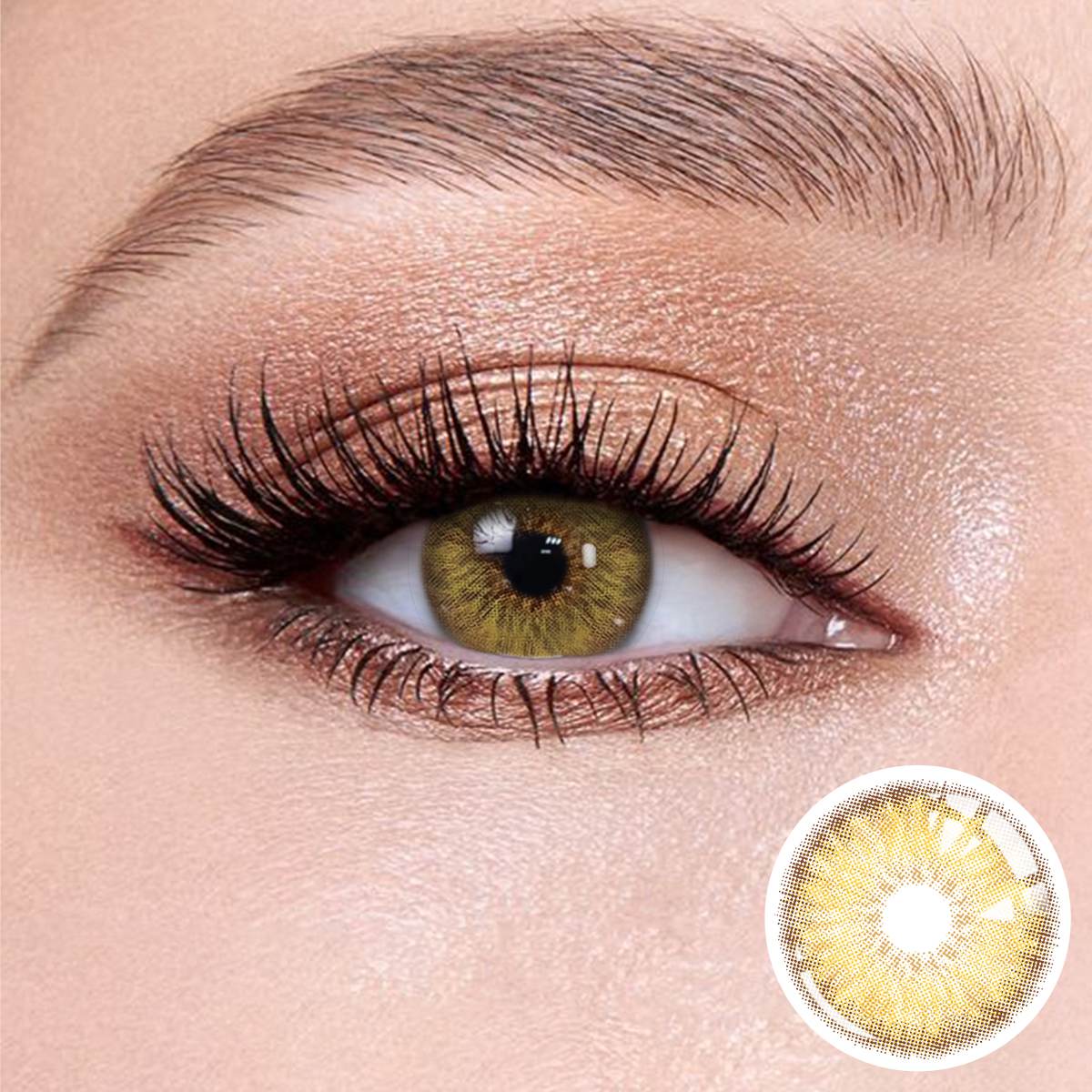Breeze Hazel Brown contact lenses on the eyes, close-up of the product on the lower right