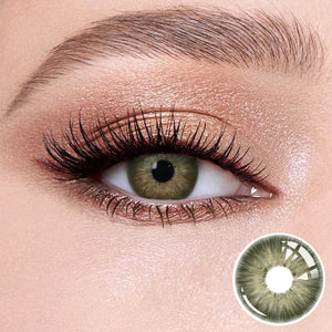 The effect of wearing Pattaya Green Contact Lenses, with a close-up of the product in the lower right corner