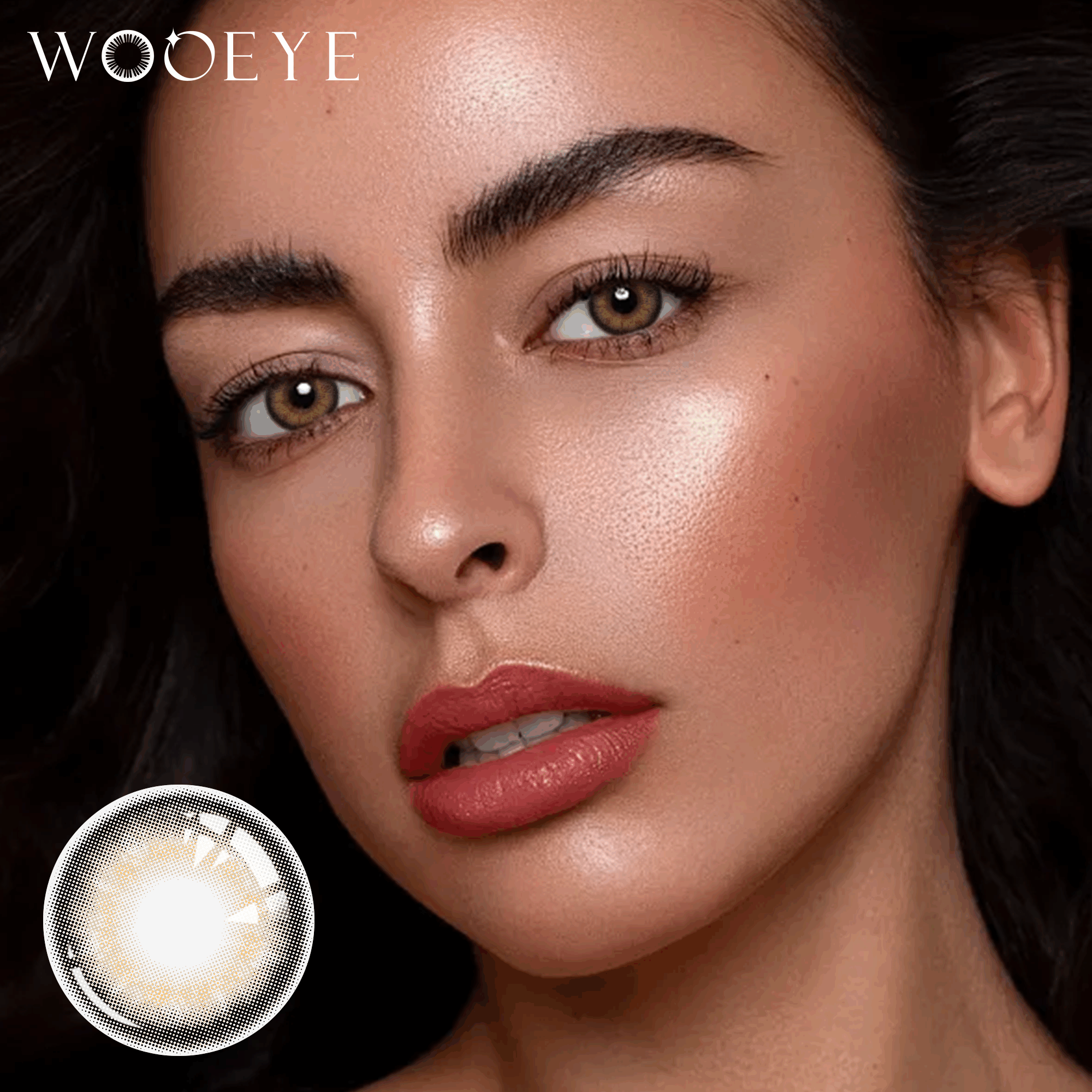 The girl's face is looking straight ahead, the upper left is the Wooeye logo, and the lower left is a close-up of the banshe black brown contact lens