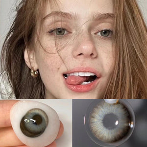 Model wearing Queen Gray I contact lenses and product close-up