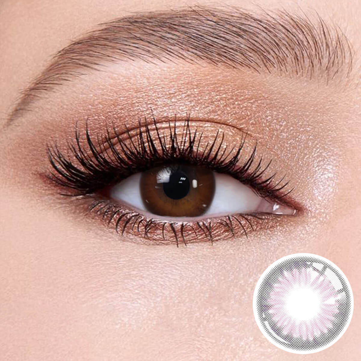 Diamond Purple contact lenses on the eyes, close-up of the product on the lower right