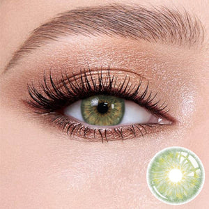 Breeze Hazel Green contact lenses on the eyes, close-up of the product on the lower right