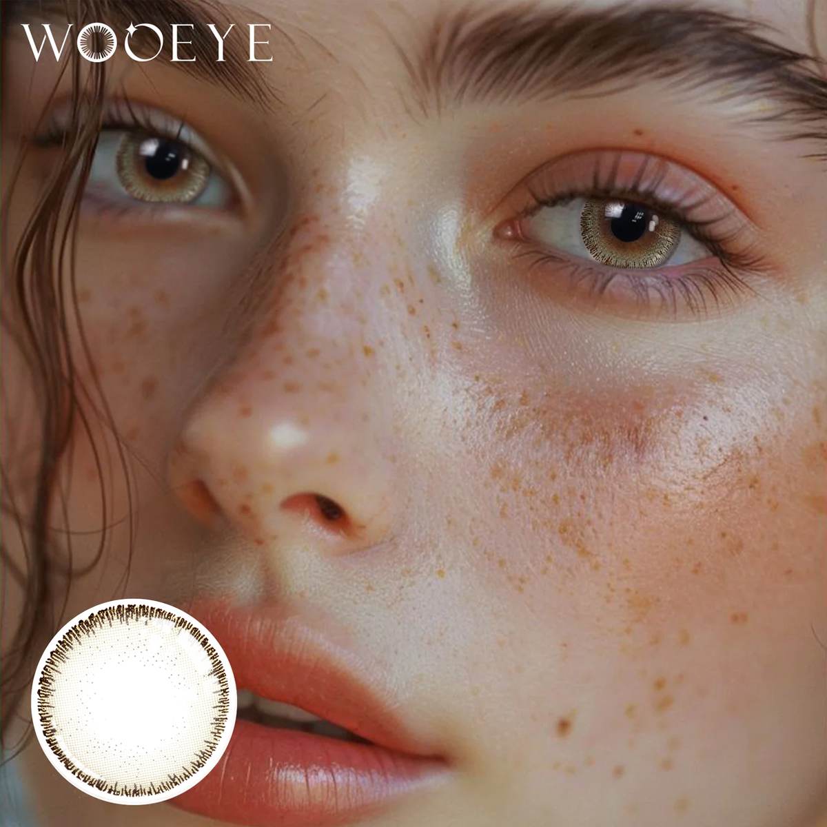 The girl's face is looking straight ahead, the upper left is the Wooeye logo, and the lower left is a close-up of the Oat Gray contact lens