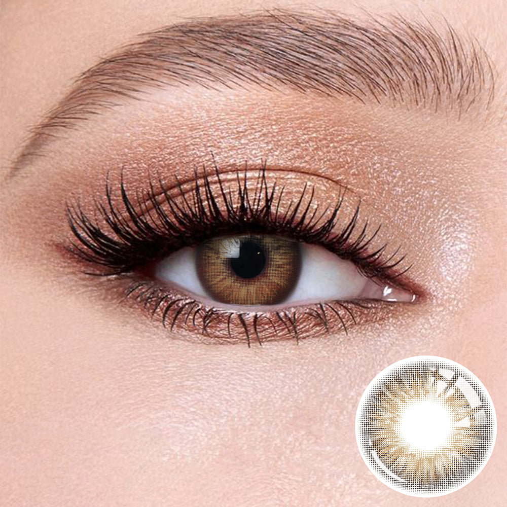 The effect of wearing Omg Brown I Contact Lenses, with a close-up of the product in the lower right corner