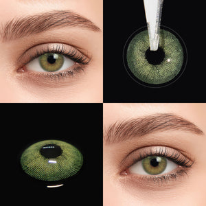 Brown eyes wearing Banshe Green Contact Lenses
