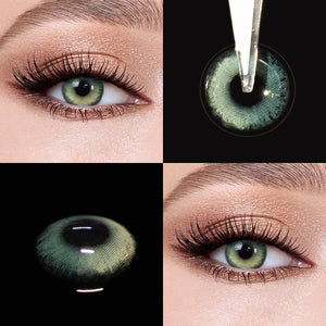 Brown eyes wearing Bubbles Green Contact Lenses