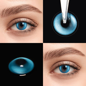 Brown eyes wearing Halo Pro Blue Contact Lenses