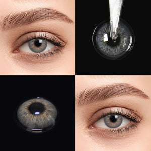 Brown eyes wearing Omg Gray I Contact Lenses