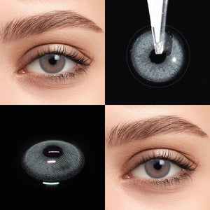 Brown eyes wearing Alice Grey Contact Lenses
