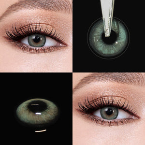 Brown eyes wearing Mystery Gray Contact Lenses