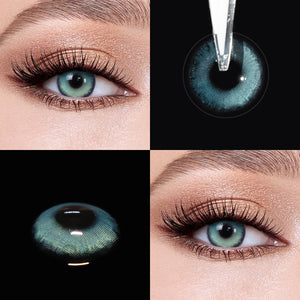 Brown eyes wearing Bubbles Blue Contact Lenses