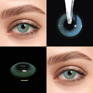 Brown eyes wearing Soul Green Contact Lenses