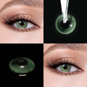 Brown eyes wearing Aura Green Contact Lenses