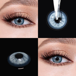 Brown eyes wearing Mystery Blue Contact Lenses