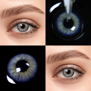 Close-up of the black background and edge details of the Sweet Light Blue contact lens, two colors of the product on the upper left