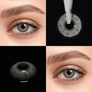Brown eyes wearing Banshe Gray Contact Lenses