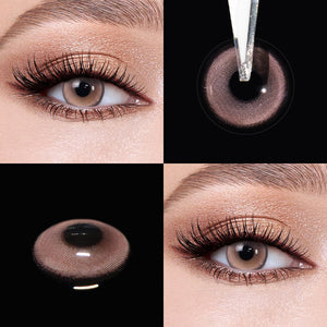 Brown eyes wearing Aura Purple Contact Lenses