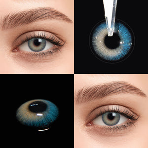 Brown eyes wearing Romantic Blue Contact Lenses
