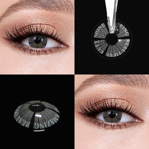 Brown eyes wearing Plato Gray Contact Lenses