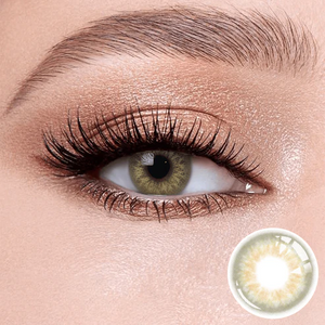 Taylor Brown contact lenses on the eyes, close-up of the product on the lower right