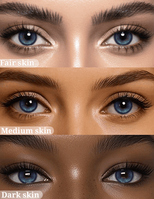 Thermo Aura Blue Contact Lenses displayed on models with Fair skin, Medium skin, and Dark skin to show versatility across different complexions.