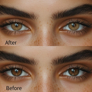 Girl wearing banshe brown contact lenses before and after effect