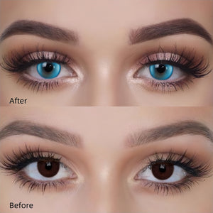Before and after wearing Halo Pro Blue Contact Lenses