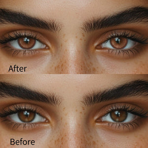 Girl wearing thermo aura brown contact lenses before and after effect