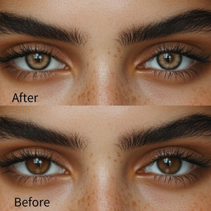 Girl wearing banshe black brown contact lenses before and after effect