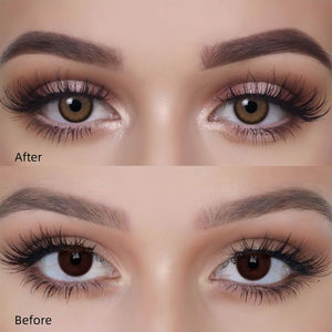 Girl wearing elf brown contact lenses before and after effect
