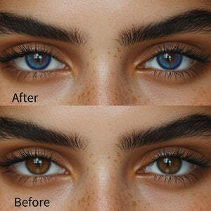 Girl wearing thermo aura blue contact lenses before and after effect