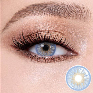 avatar blue contact lenses on the eyes, close-up of the product on the lower right