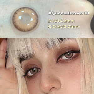 Close-up of the model's eyes wearing Queen Brown III Contact Lenses and product close-up