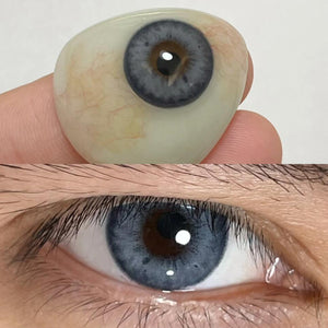Close-up of eyes wearing Magic Blue Contact Lenses and product close-up