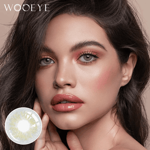 The girl's face is looking straight ahead, the upper left is the Wooeye logo, and the lower left is a close-up of the banshe light gray contact lens