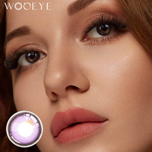 The girl's face is looking straight ahead, the upper left is the Wooeye logo, and the lower left is a close-up of the Lilac-Purple contact lens
