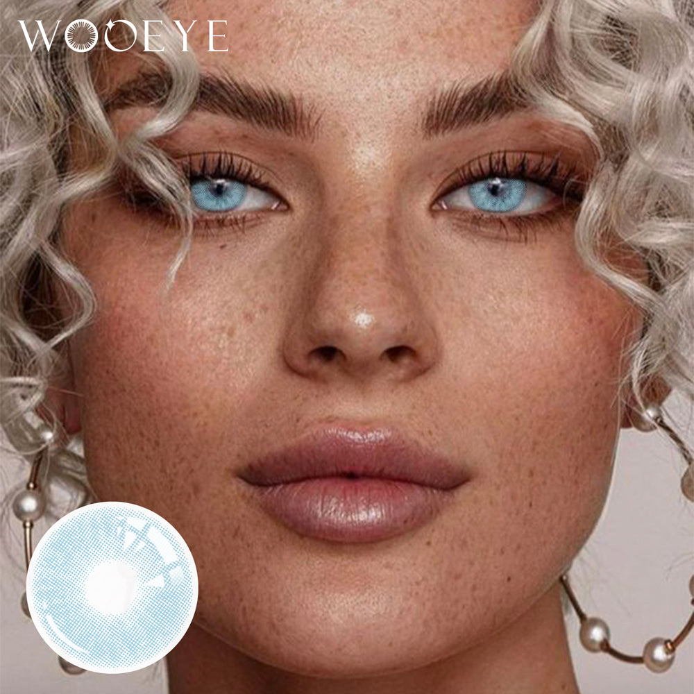 Model wearing Mulberry Blue Contact Lenses