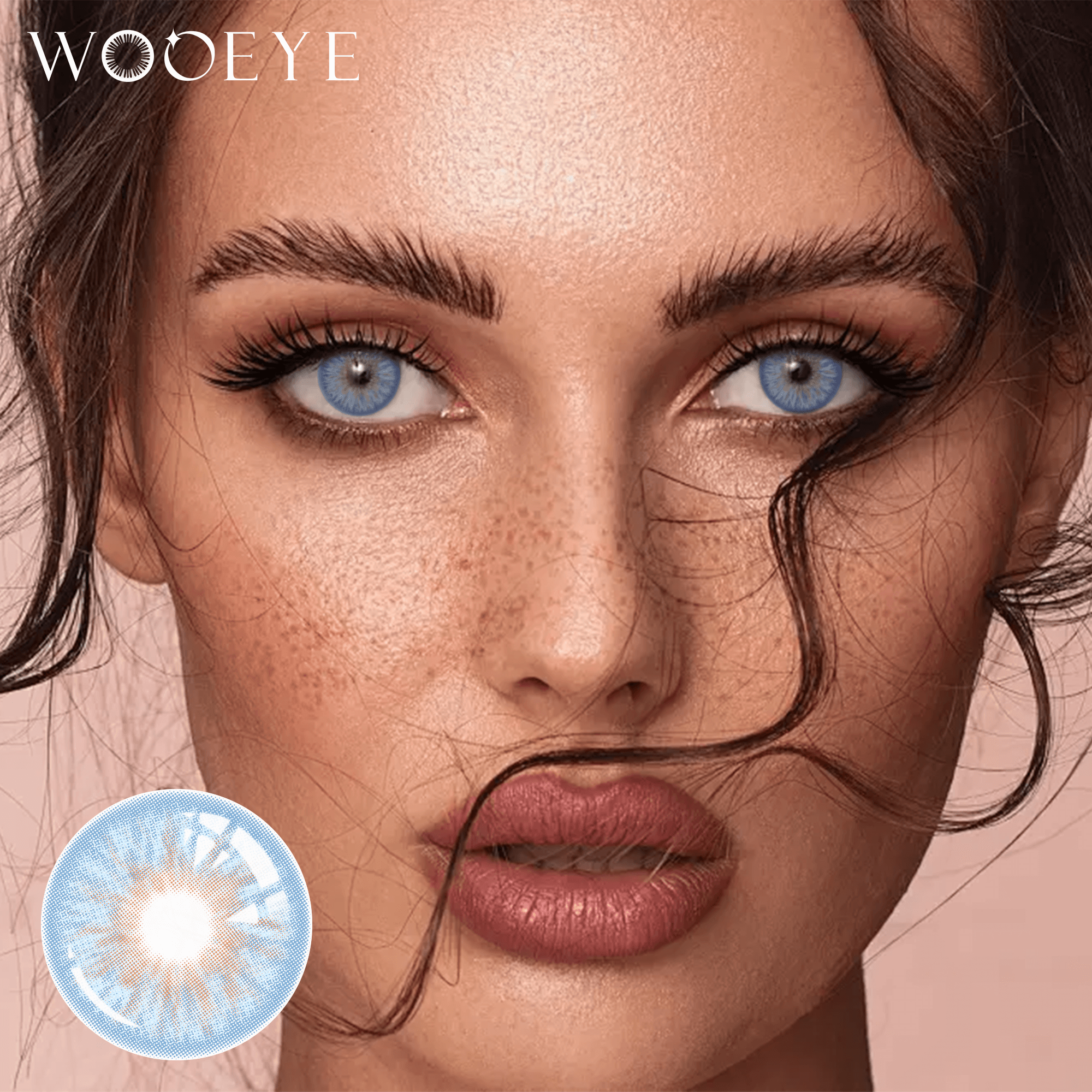 The girl's face is looking straight ahead, the upper left is the Wooeye logo, and the lower left is a close-up of the avatar blue contact lens
