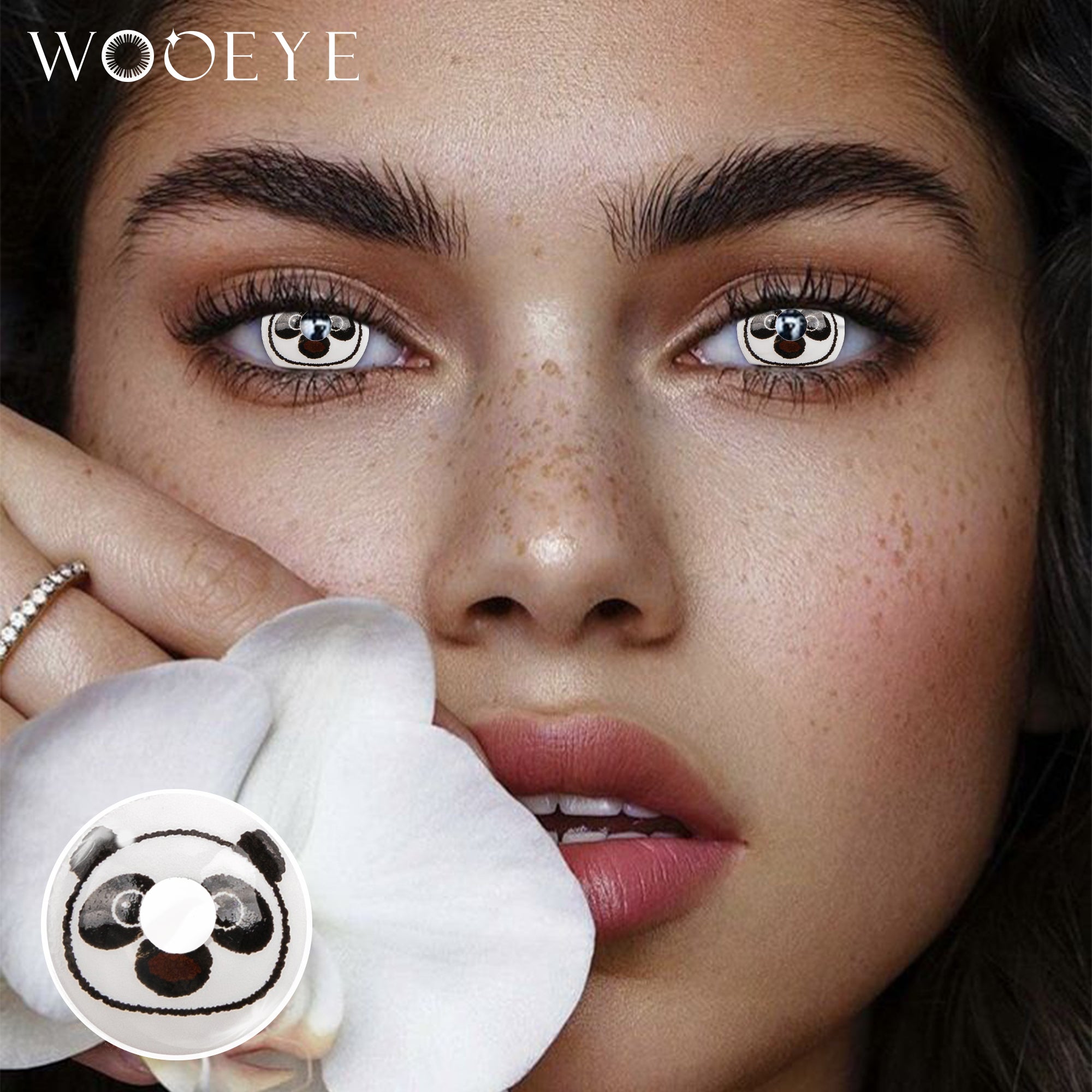 Model wearing Cosplay Panda Contact Lenses