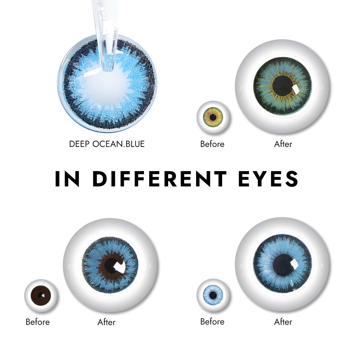 Effect display of wearing Deep Ocean Blue Contact Lenses for different eye colors