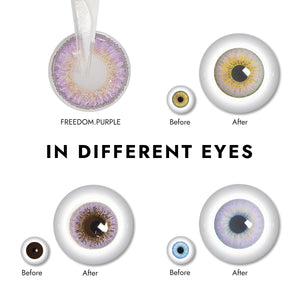 Effect display of wearing Freedom Purple Contact Lenses for different eye colors