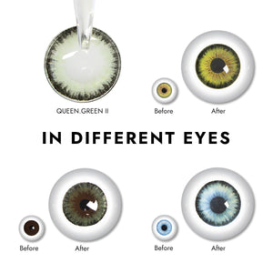 Effect display of wearing Queen Green II Contact Lenses for different eye colors