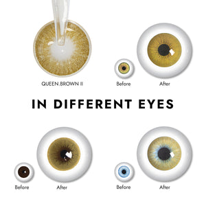 Effect display of wearing Queen Brown II Contact Lenses for different eye colors