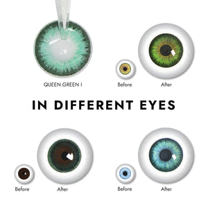 Effect display of wearing Queen Green I Contact Lenses for different eye colors