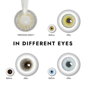 Effect display of wearing Freedom Gray I Contact Lenses for different eye colors